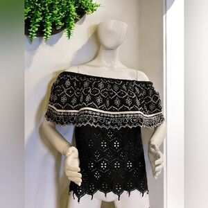 Anthropologie Black Off-Shoulder Embroidered Top